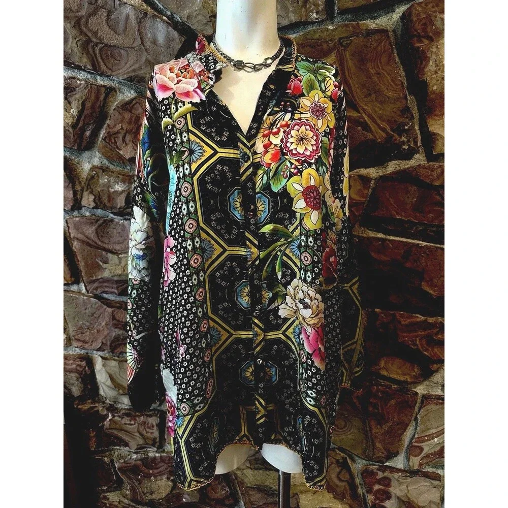 Johnny Was silk Fagan Josie Boho Silk Button Down Top Blouse Shirt,Multi Size M - Picture 4 of 13